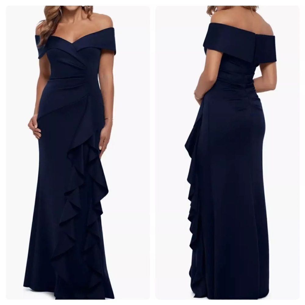 XSCAPE 4581XN Ruffled Off-The-Shoulder Gown Midnight size 14
